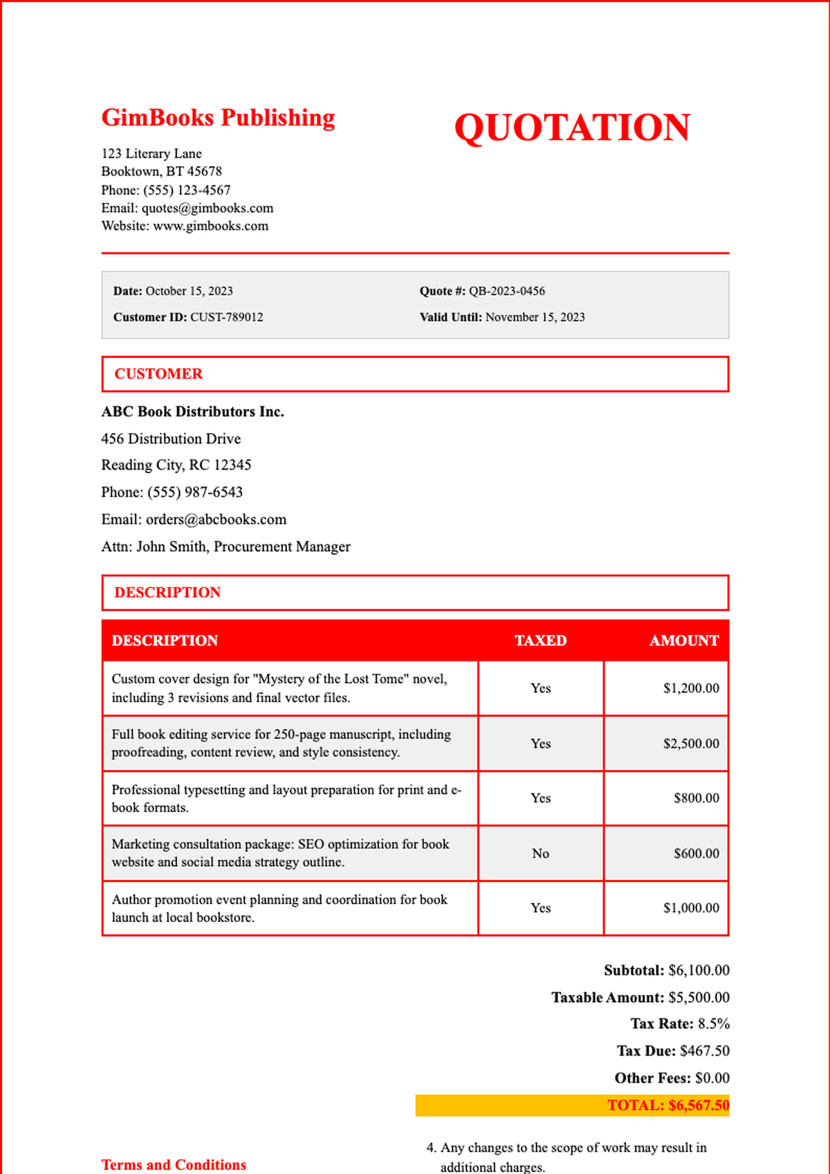 Professional business quote template with red accents and tax calculation_variant_3